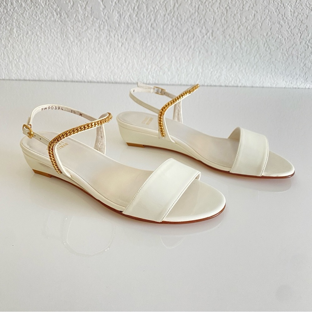 Stuart Weitzman White and Gold Wedge Sandals
